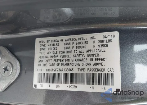 2010 Honda Accord 2.4 Ex из США, поврежденный, VIN 1HGCP2F73AA133065